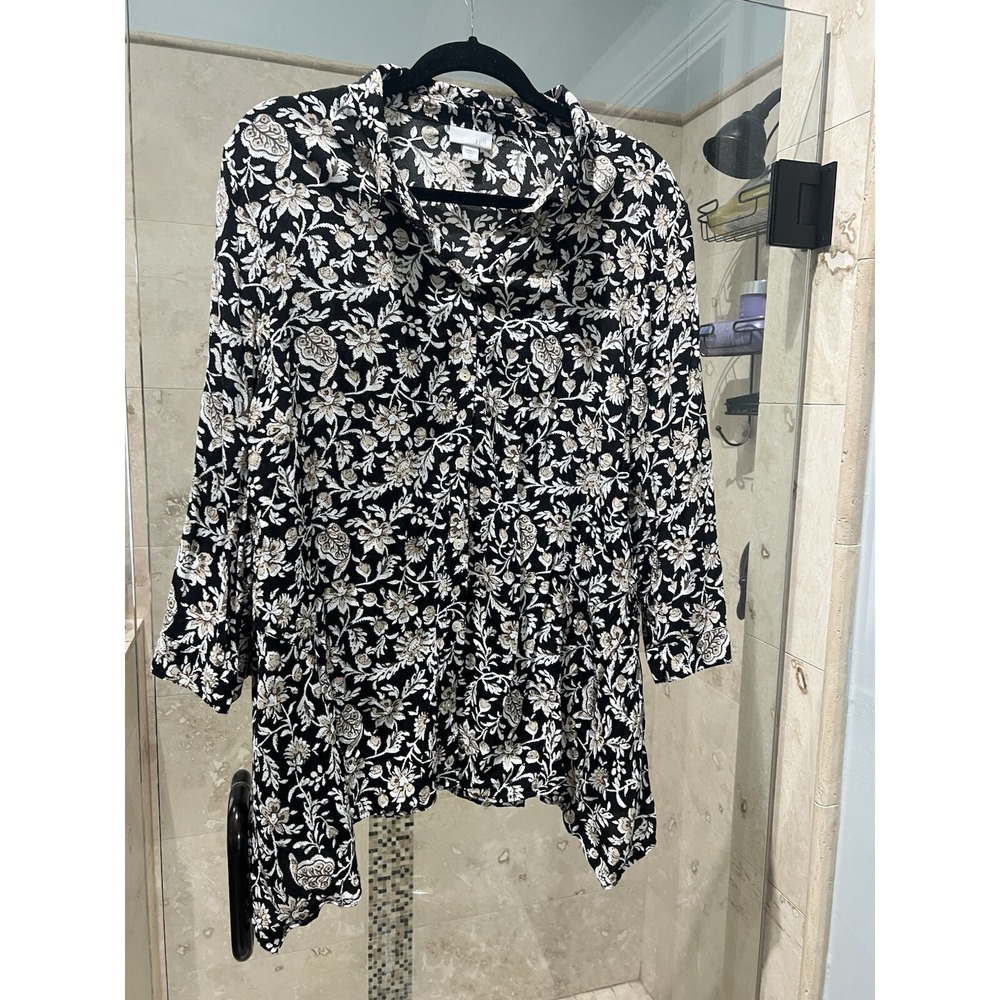 J Jill Tunic Womens XL Crepe Black Tan Floral Knit Button Up Dip Hem Flowy Top